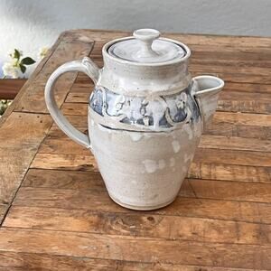 Studio Art Pottery Ceramic Pitcher Lidded 8" Clay Tones Gray Blue Signed Harrell